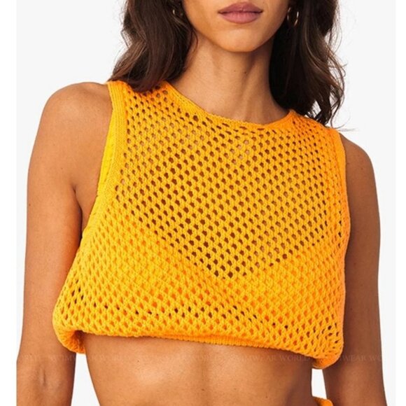 WeWoreWhat Crochet Crop Top in Tangerine Orange Yellow Mesh XL crochet knit new - Picture 2 of 7